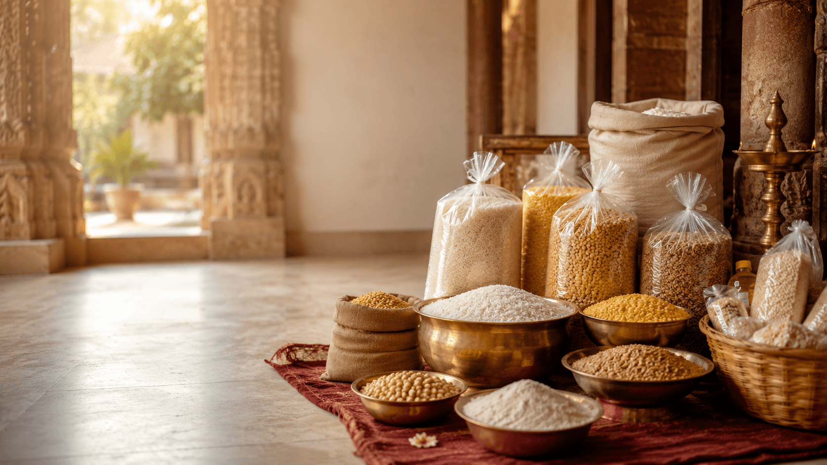 Rice, dal and other food staples arranged for Anna Daan