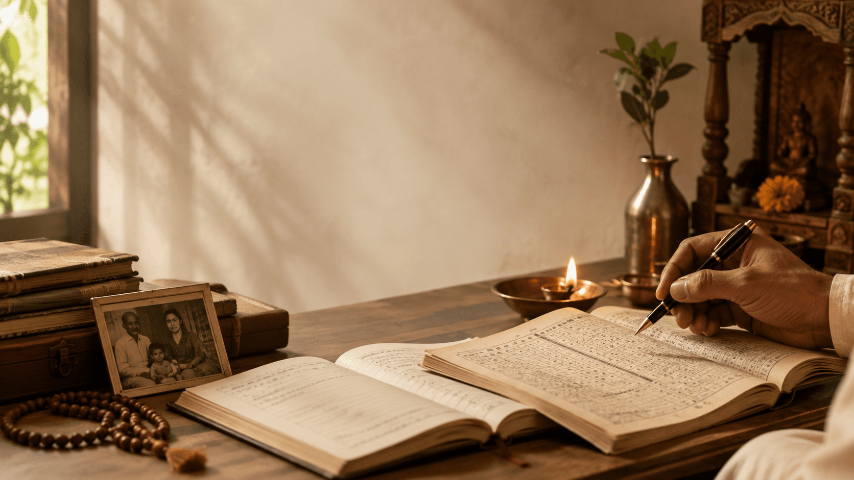 Traditional Panchang, family photograph and notebook used to understand a loved one's tithi